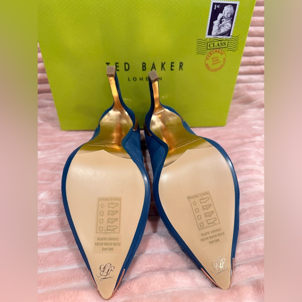 Ted Baker Melnis Denim Blue Heels with Gold Accents - Picture 10 of 16
